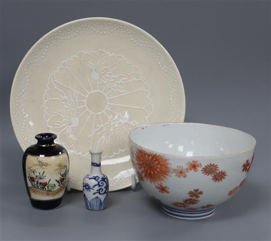 A Japanese Satsuma Bianco Sopra Bianco dish, an Imari bowl and two vases